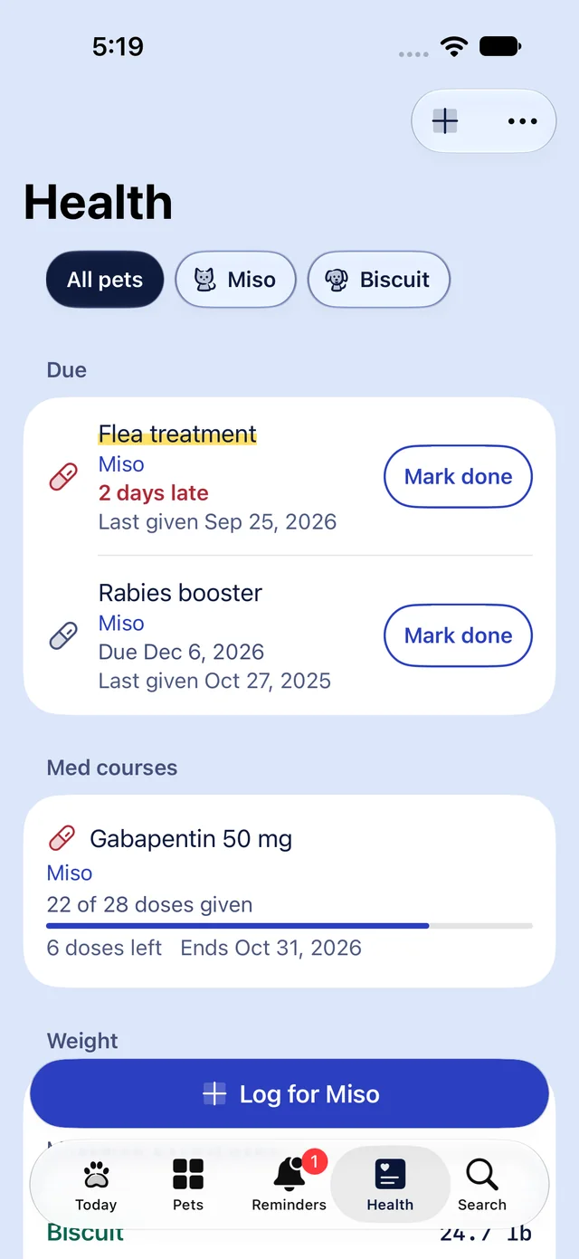 The Health tab: a late flea treatment, a rabies booster coming up, and a med course with 22 of 28 doses given